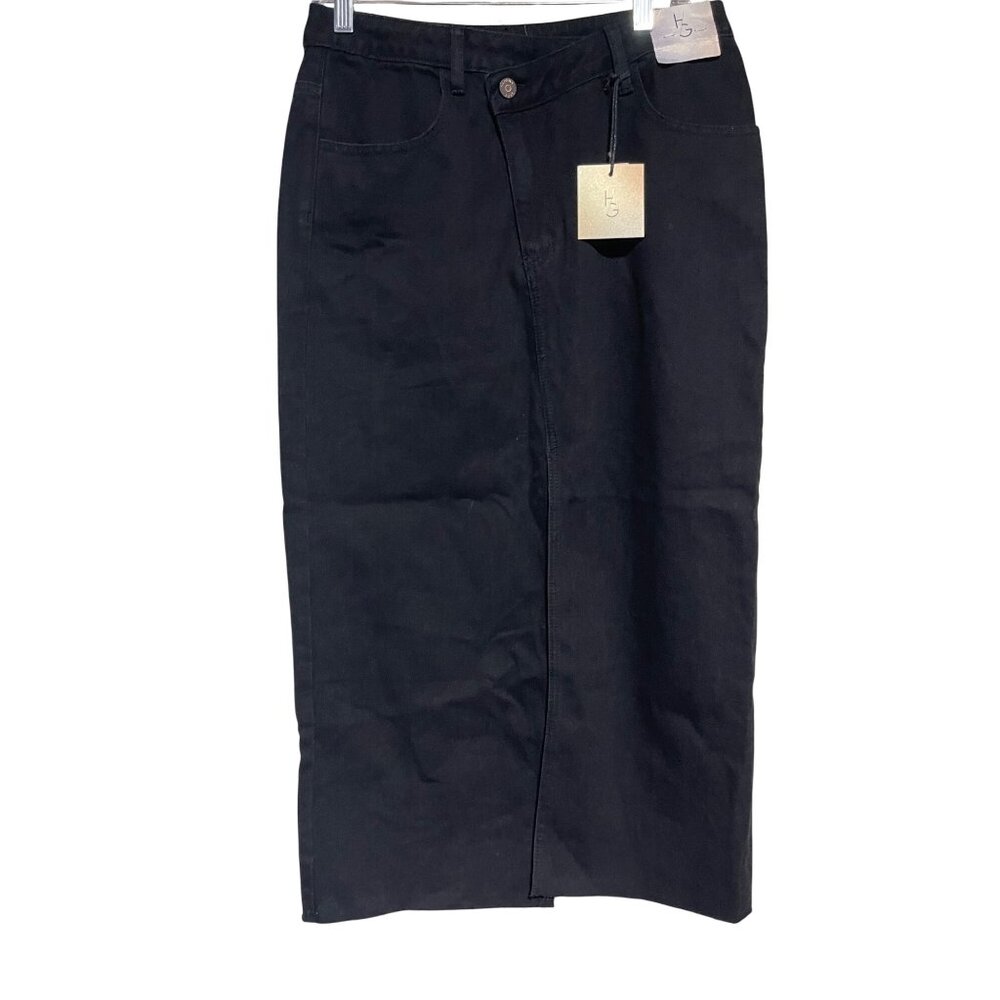 Happily Grey Black Midi Denim Skirt Size 11/29 Front Slit Assymetrical Waist